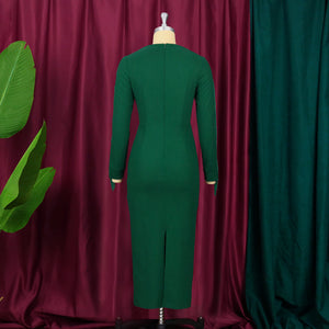 V-neck Mesh Tassel Long Sleeve High Waist Party  Dress Green Women  Dress Party Dress
