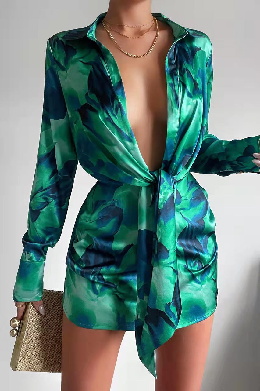 New   Style Sexy Women Wear Digital Printing Series Button Long Sleeve Shirt Dress