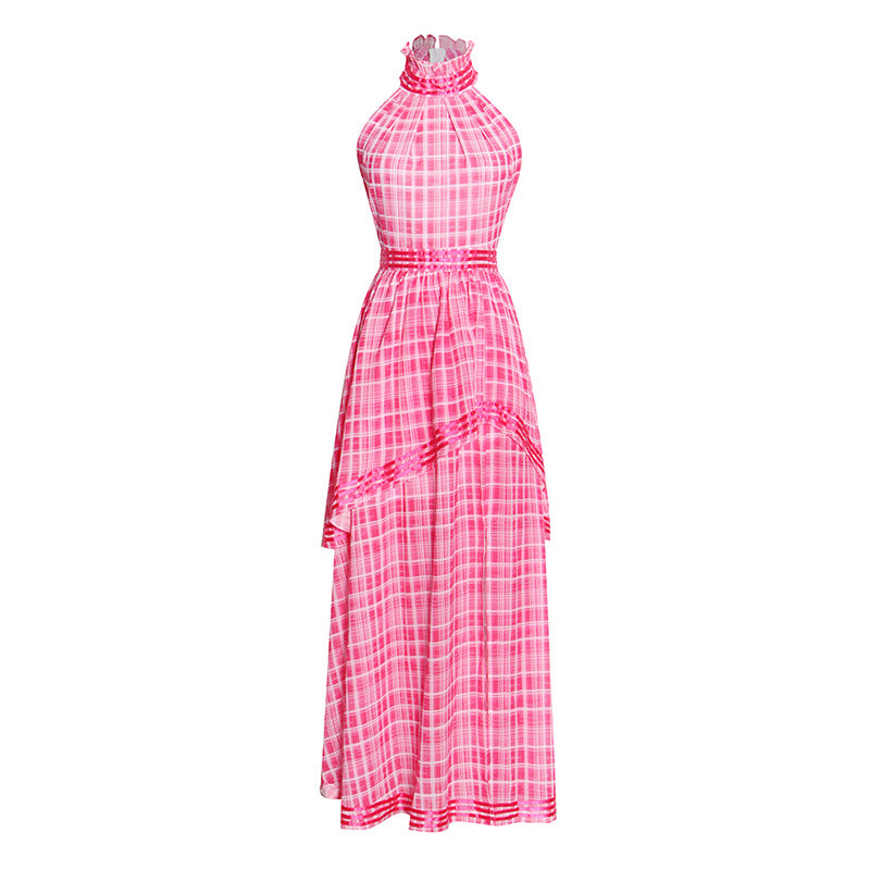 2021 Autumn and Winter New Rose Pink Halter Backless High Waist Stitching Dress