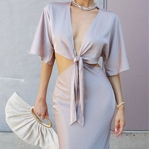 Summer  New V-neck Low-Cut Lace up A- line Dress Elegant Hepburn Style French Dress Women