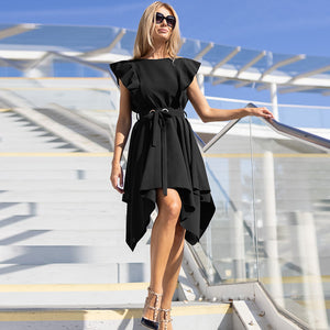 Elegant Slim Fit Square Collar Ruffle Sleeve Dress Summer 2022 New   Women Irregular Belt Skirt