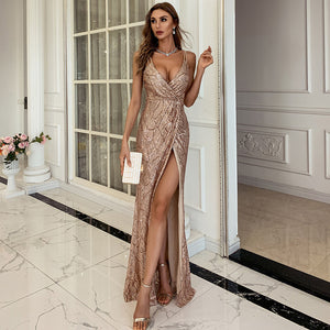 Summer New V-neck Sleeveless Sequined Striped Dress Camisole Gown  Formal Gown