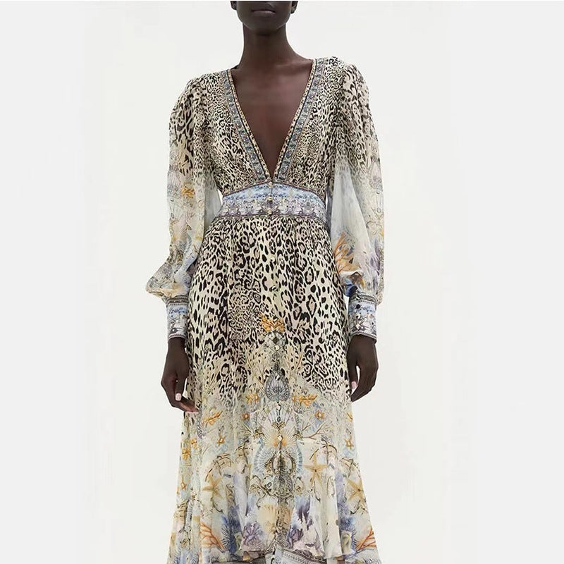 Spring Women Clothing Long Sleeve Large V neck Dress Printed Leopard Print Waist Slimming Irregular Asymmetric Long Dress