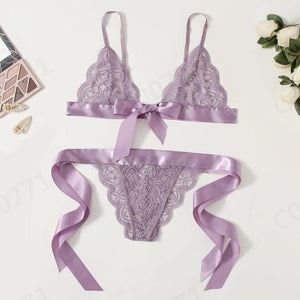 New Split Cut Ruffled Fashion  Style Sexy Lace Strap Three-Point Sexy Lingerie