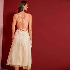 2022  Summer New Sexy Deep V Champagne Noble Chiffon Suspender Skirt Tight Waist A- line Gauze Skirt Backless Dress