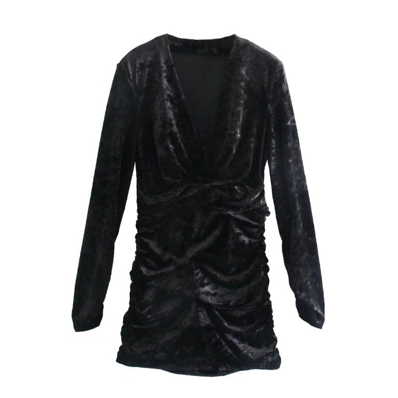 Winter New Elegant Style V-neck Long Sleeve Pleated Black Ribbon Padded Shoulder Dress for Women