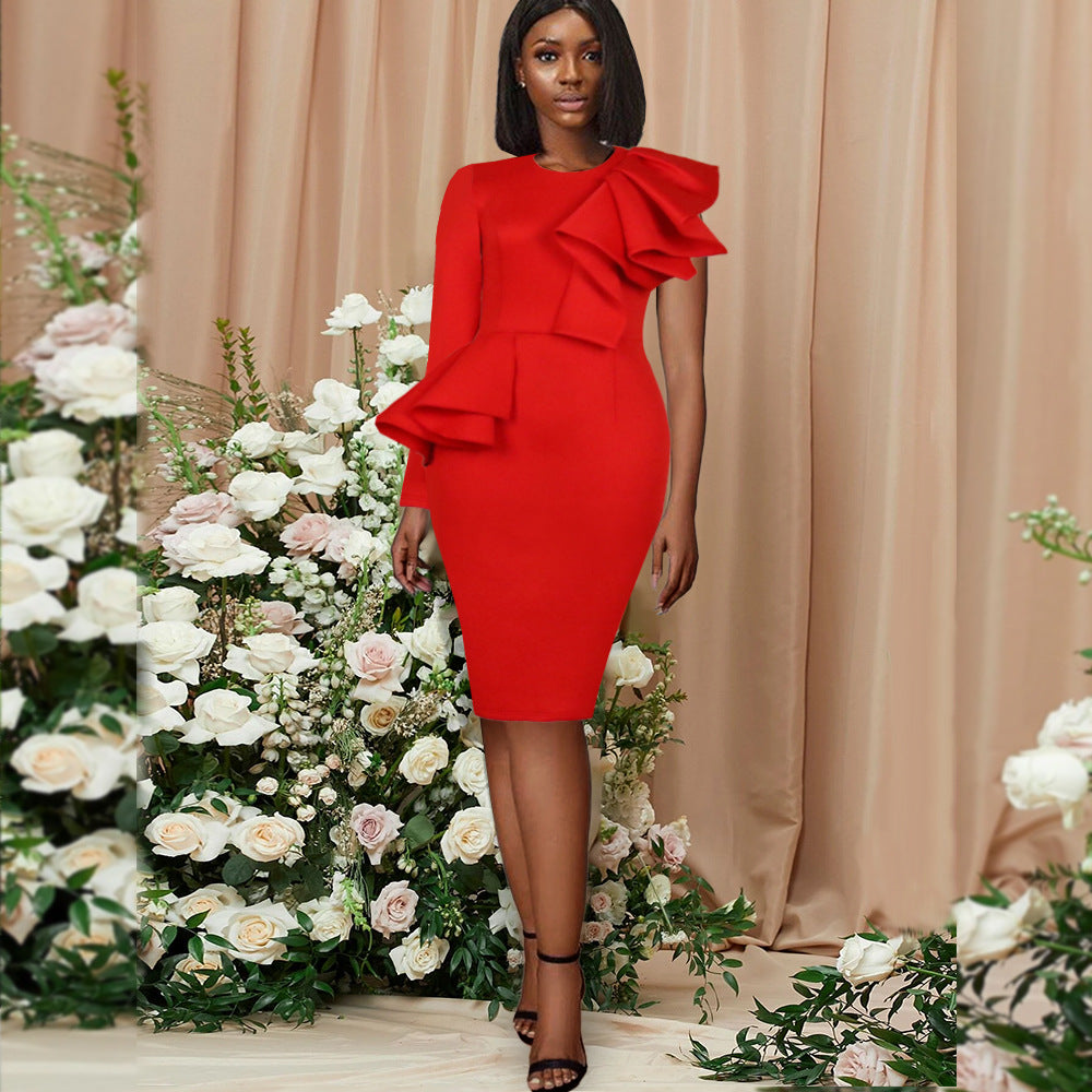 Round Neck Shoulder Long Sleeve Ruffled High Waist Hip Skirt Large