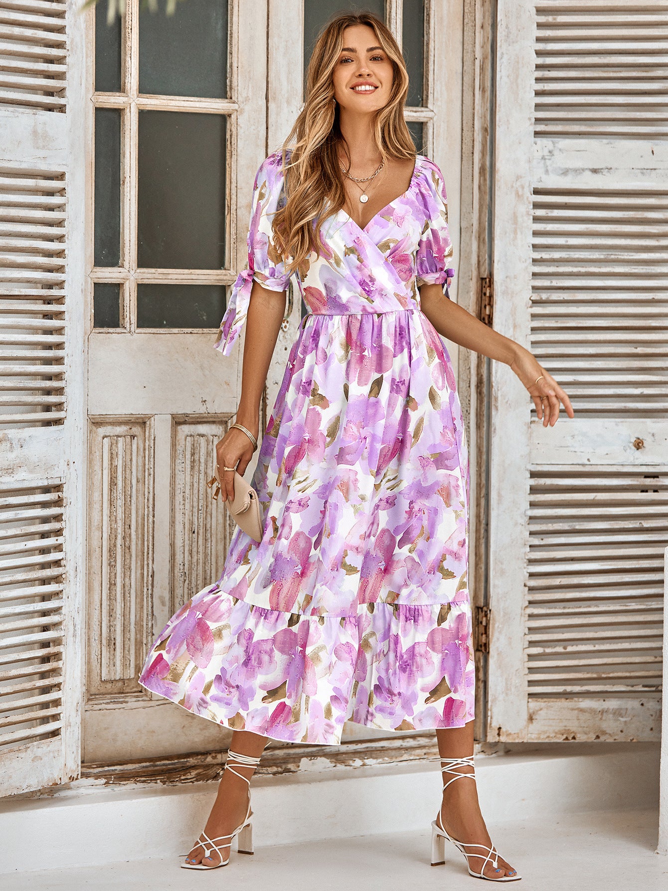 Summer Women Clothes Casual Printed Waist Controlled Puff Sleeve V neck Maxi Dress