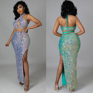 Women Clothing Two-Piece Halter Split Sequined Dress Sexy Sheath Party Dress