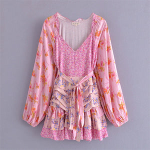 Autumn Small Fresh Pullover Pink Color Matching Printed High Waist Dress for Women