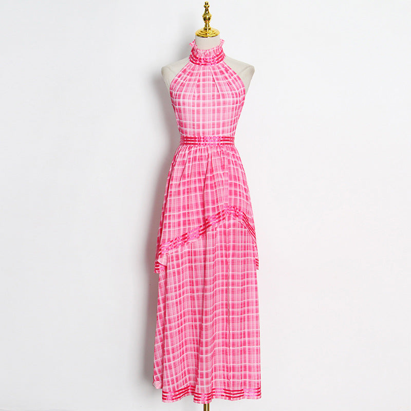 2021 Autumn and Winter New Rose Pink Halter Backless High Waist Stitching Dress