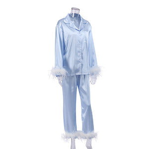 Autumn Winter  Fashion  Ostrich Feather Pajamas Set Artificial Silk Loose Ladies Homewear
