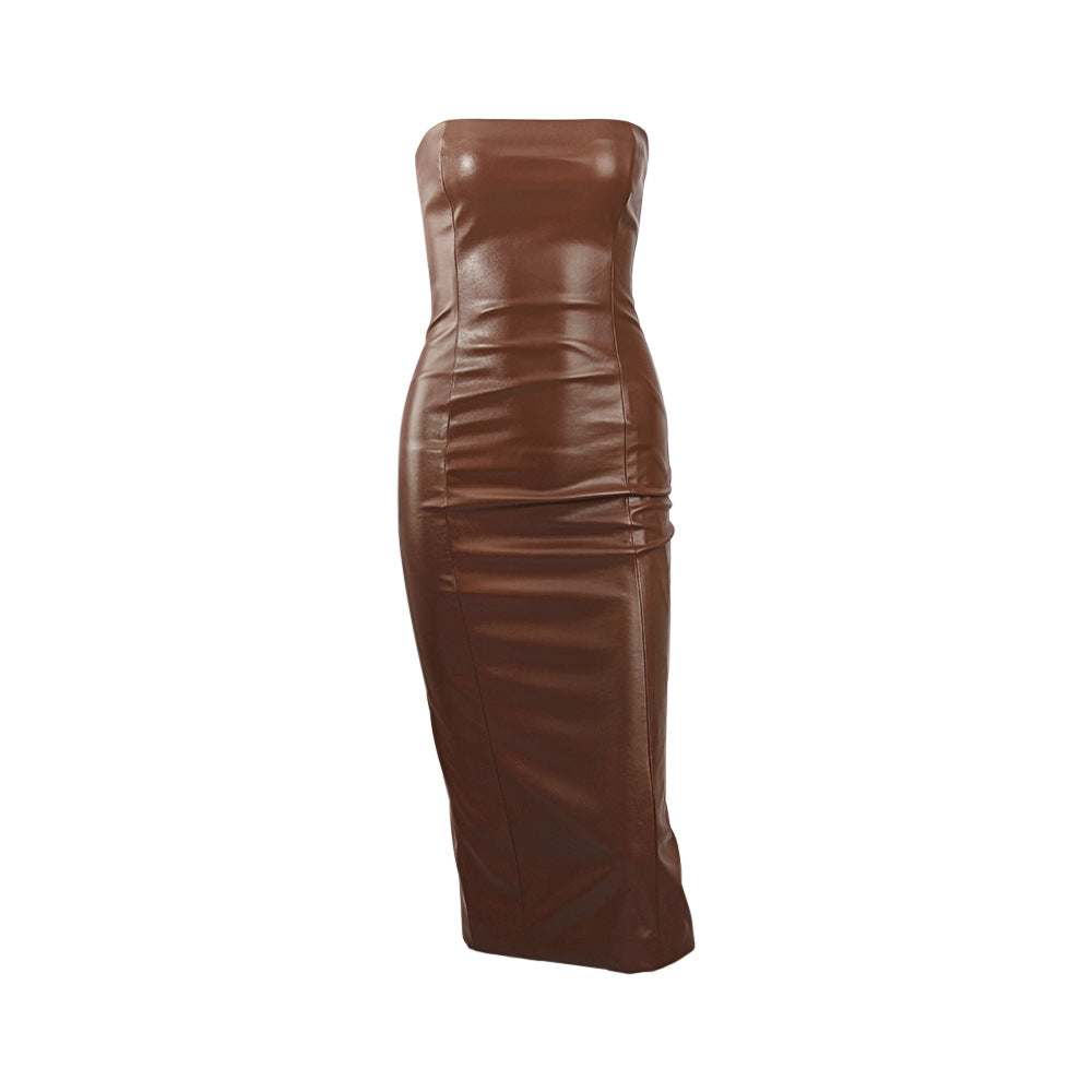Autumn and Winter Solid Color PU Leather Elegant Slim-Fit Tube Top Back Slit  Sexy Midi Dress