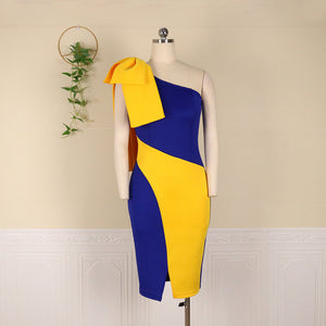 Sexy One-Shoulder Bow Stitching Contrast Color Plus Size Women Dress Party Dresses