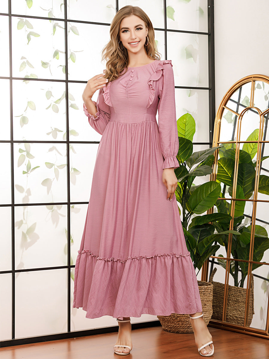 Youth Fashion round Neck Clinch Belt Slim Solid Color Stitching Dress Long Dress Maxi