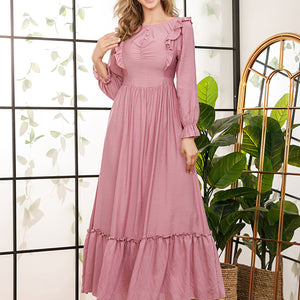 Youth Fashion round Neck Clinch Belt Slim Solid Color Stitching Dress Long Dress Maxi
