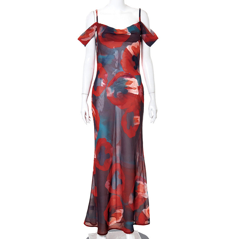 Women Clothing Summer New Fashion Printed Straps Sleeveless High Waist off-Shoulder Elegant Dress for Women