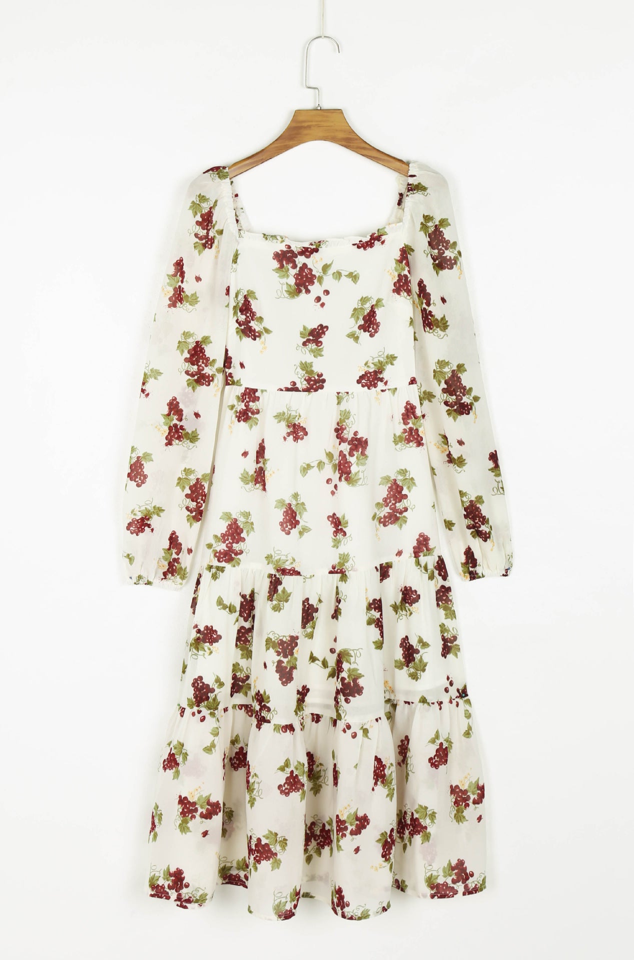 Spring  Women Square Collar Printed Long Sleeve Dress Maxi Dress