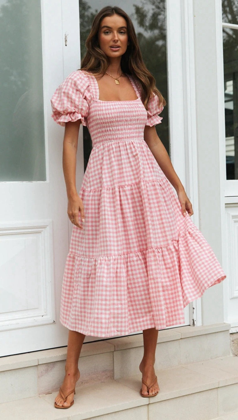 Spring and Summer Ladies Plaid Puff Sleeve Dress