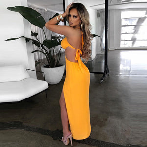 Maxi  Wrapped Chest Halter Cut-out Strap Fold Split Backless Sexy Dress for Women