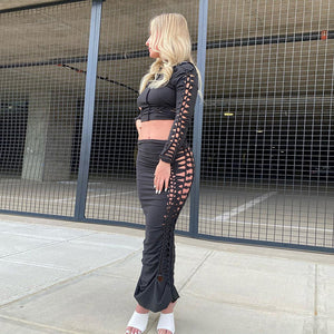 Fall Women Clothing New Maxi Dress Street Shooting Fashion Pleated Lace up Elegant Slim Fit Slimming Skirt