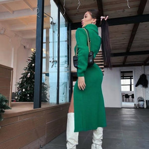 Popular Long Sleeve Turtleneck Thigh Slit Woolen Dress