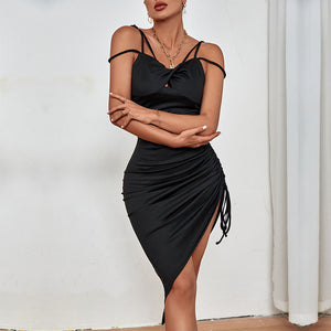 2022 New  Black Hot Girl Sexy Club Wear Pure Color Tight Irregular Dress