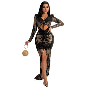 Sexy Long Sleeve Irregular Sequined Party Evening Dress Women Fashionable Fitted Long Sleeve Dress Prom