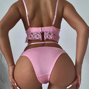 New Women Clothing Sexy Lingerie Sexy Lace-up Stitching Embroidered Floral Four-Piece Set with Steel Ring