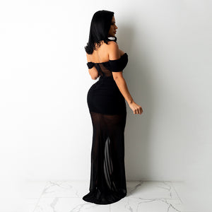Women Clothing Sexy Nightclub off-Shoulder Mesh Solid Color Dress