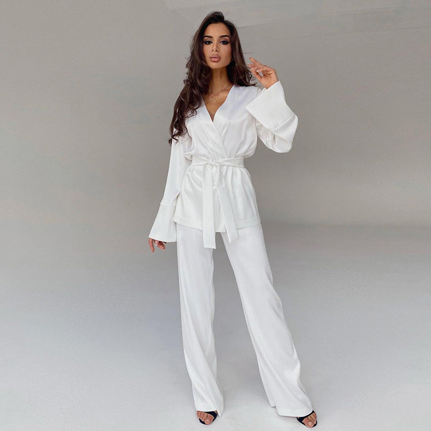 2022 Summer New Comfortable Skin-Friendly Cardigan Lace-up Ice Silk Robe Blouse Pants Pajamas Ladies Homewear