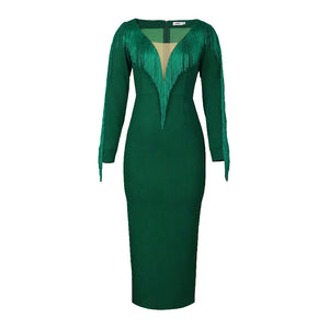 V-neck Mesh Tassel Long Sleeve High Waist Party  Dress Green Women  Dress Party Dress