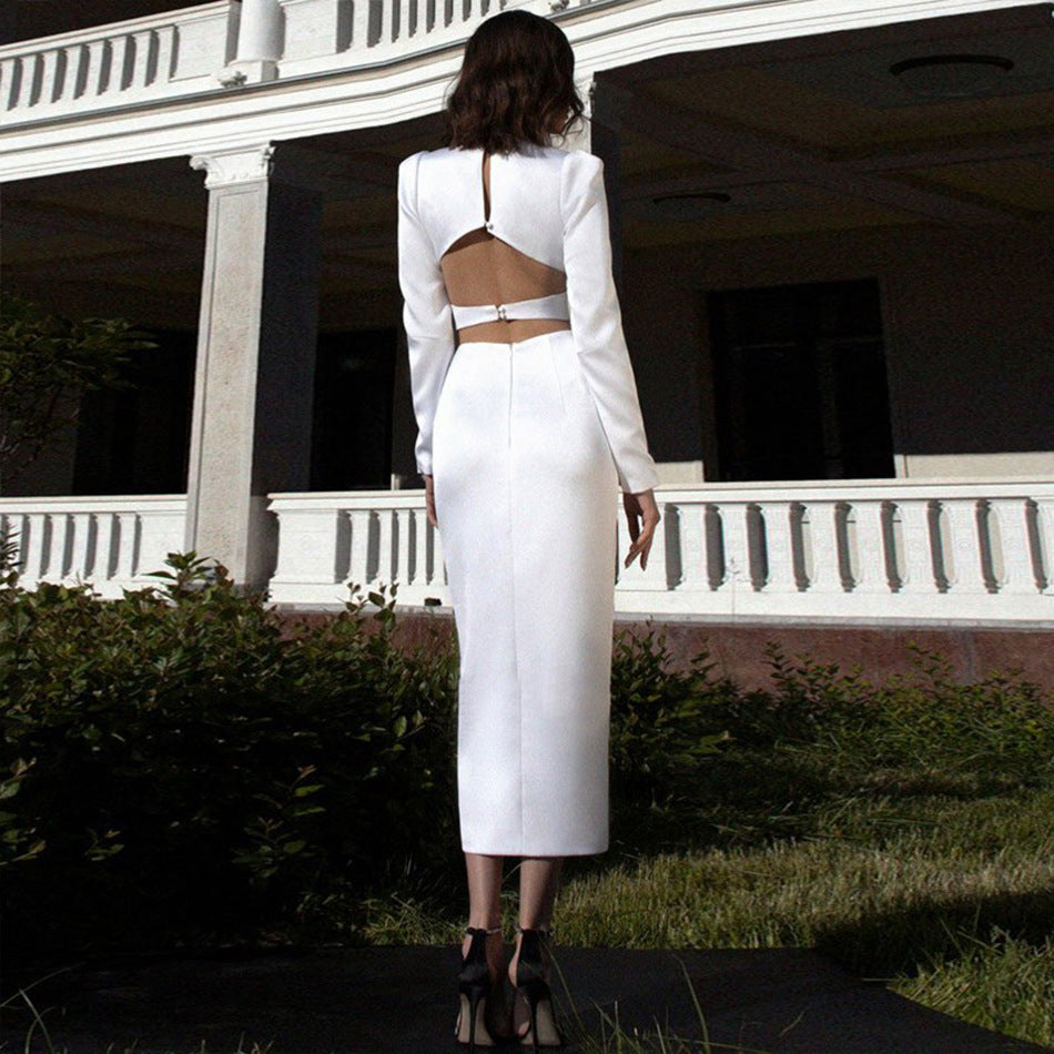 Autumn Winter New Long Sleeve Bandage Cutout Dress Solid Color White Elegant Backless Evening Dress Party Evening Dress
