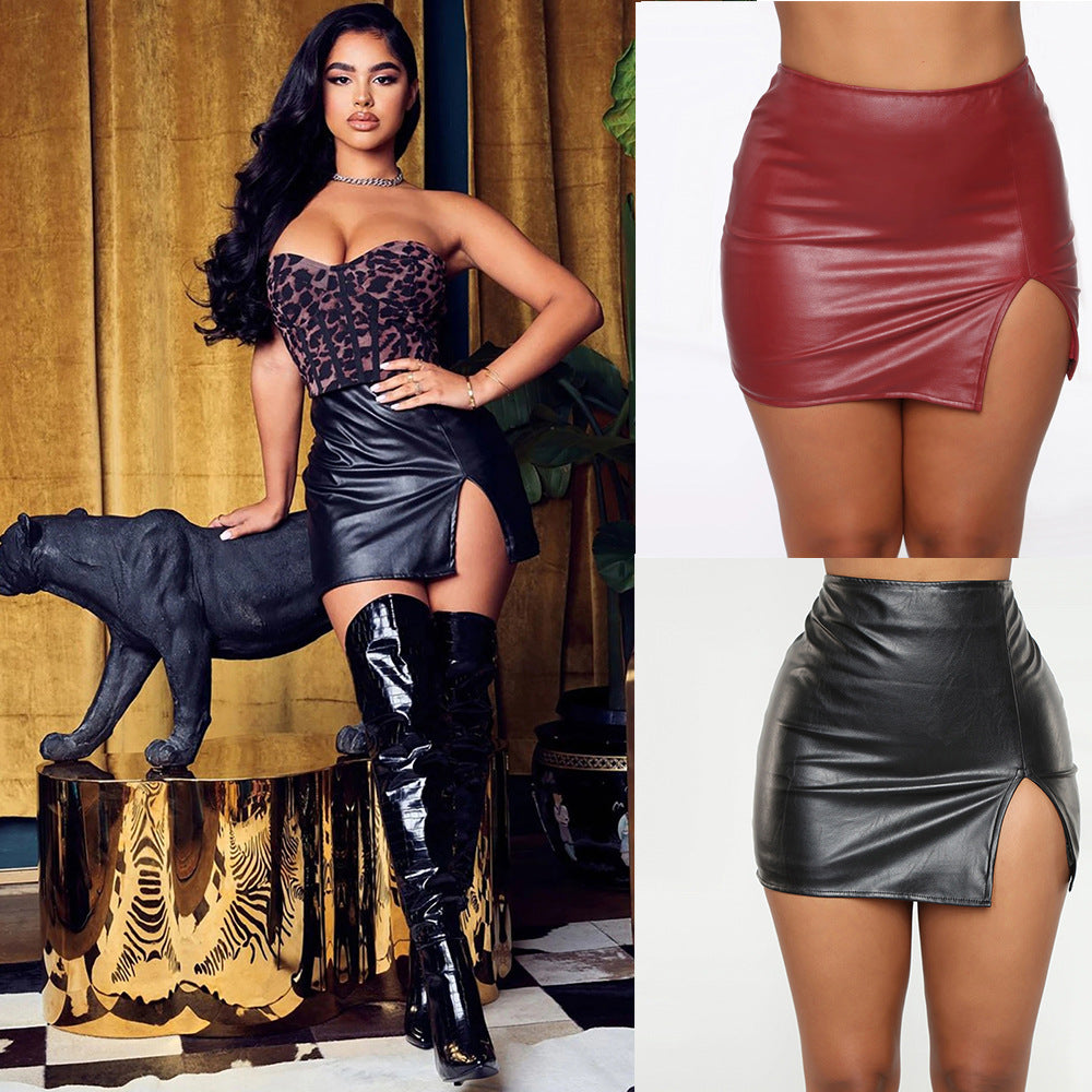 Women Skirt High Waist Hip-Wrapped Skirt Nightclub PU Leather Zipper Sexy Black Leather Skirt