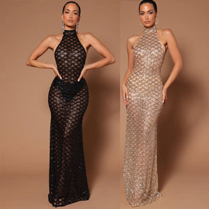 Spring Sexy Backless Nightclub Party Formal Dress Rhinestone Sequined Transparent Dress