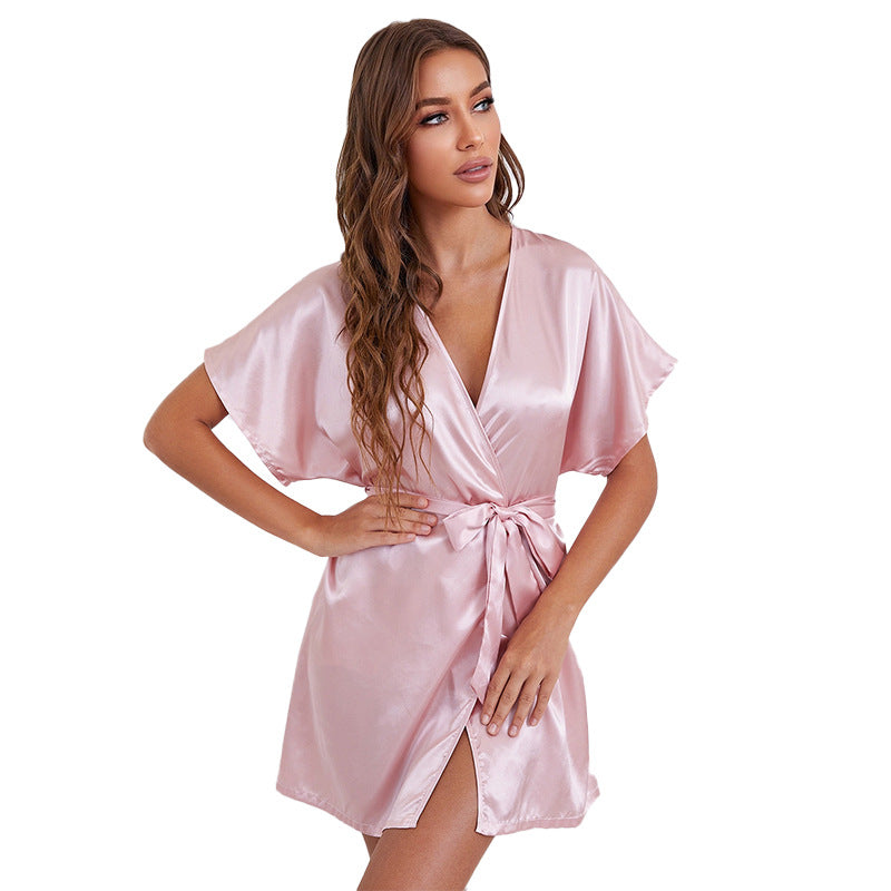 New Style Mid-Length Women V-neck Nightgown Summer Thin Homewear Artificial Silk Lace-up Sexy Pajamas for Women