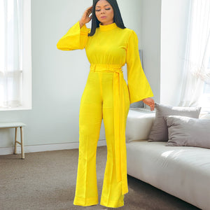 Stand-up Collar Flared Sleeves High Waist Wide Leg Pants Large Size Slim Fit with Belt Casual Women Jumpsuit Body Suit