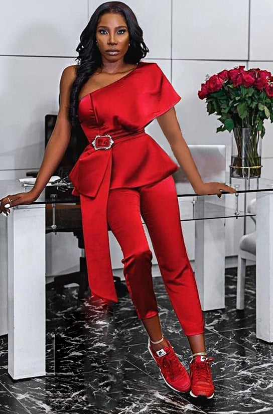 Spring and Summer Sexy One Shoulder Short Sleeve Ruffles High Waist Slim Party Trousers Women  Jumpsuit Jumpsuits