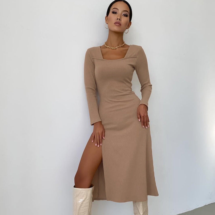 Early Autumn New Knitted Dress Maxi Dress Elegant Women Dress Slit Long Sleeve  Sexy Elastic Square Collar