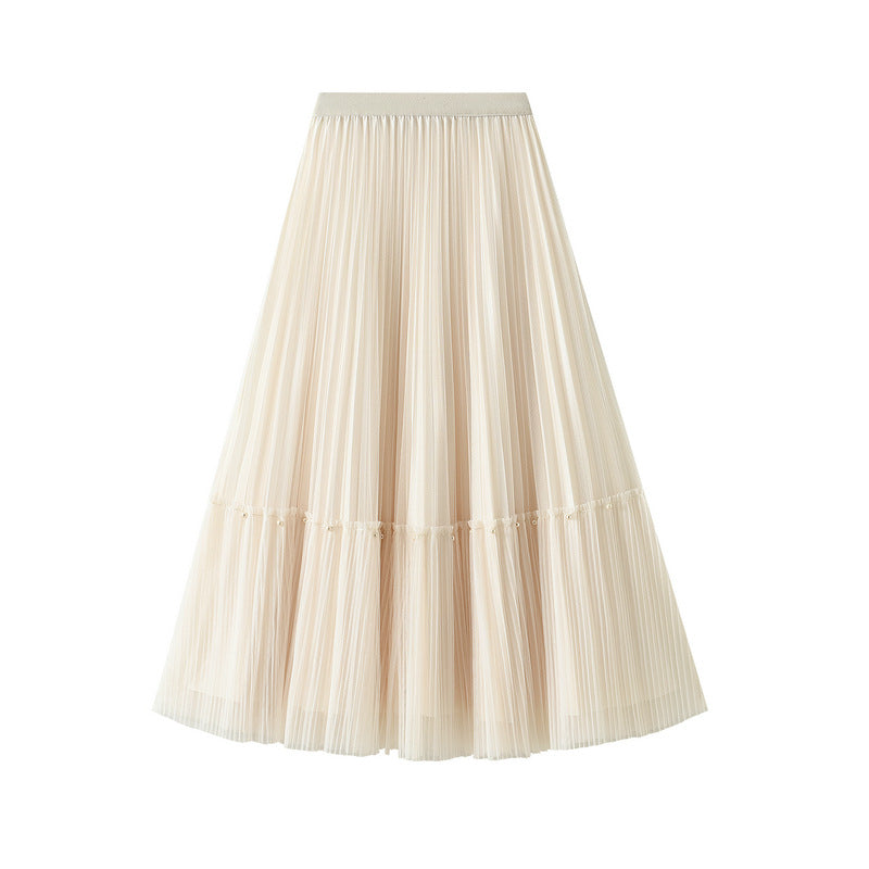 Spring New Beaded Pleated Skirt Stitching Mesh Double-Sided Dress