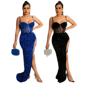 Fashion Hip Spaghetti Straps Chest Wrap Long Dress Sequined Lining Sexy Evening Dress Dress with Chest Cotton