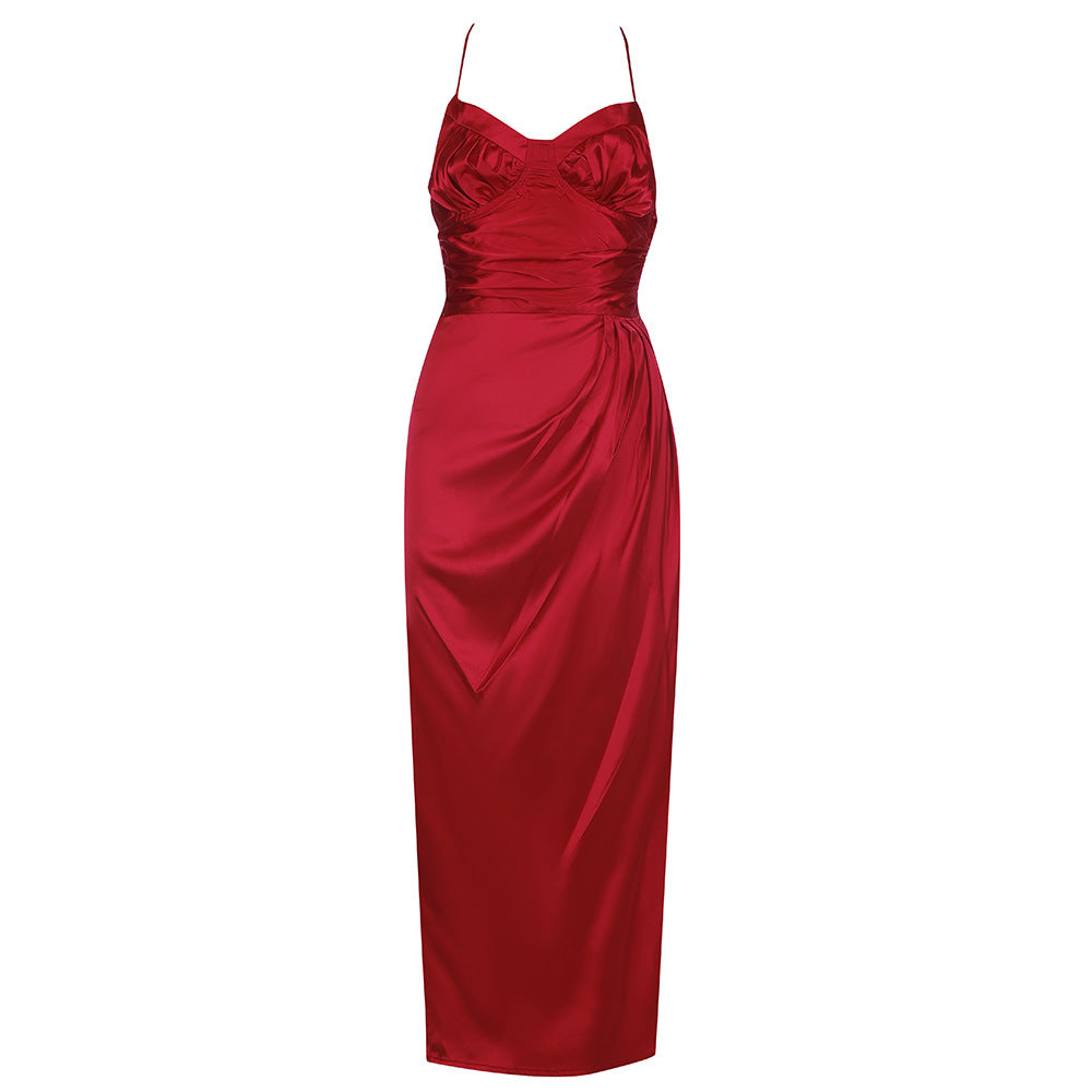 2021 Summer New Elegant Socialite Pleated Slim Strap Satin Dress for Women