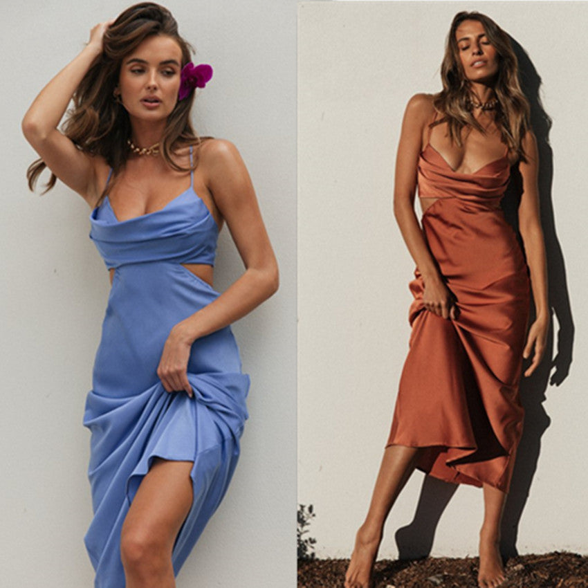 Women Clothing New Elegant Sexy Sling Solid Color Maxi Dress Fashion Pile Collar Backless Dress