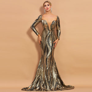 Gold Sequined Annual Party Performance Costume Dress for Women 2021 New Long Sleeve Waist-Tight Slimming Banquet Evening Dress Evening Dress Formal Gown