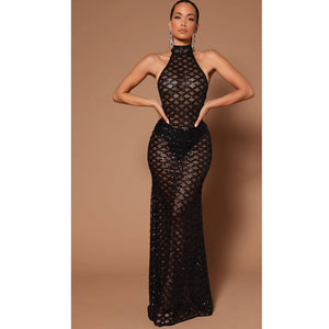 Spring Sexy Backless Nightclub Party Formal Dress Rhinestone Sequined Transparent Dress