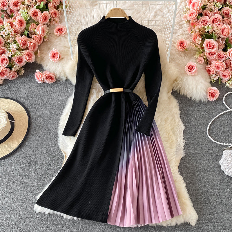 Stand Collar Knitted Dress for Women Autumn and Winter Elegant Slim Slimming Mid-Length Stitching Gradient Color Pleated Woolen Skirt
