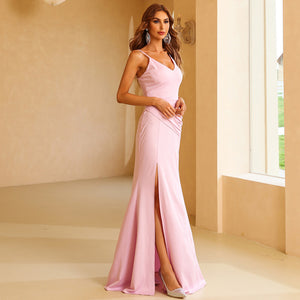 Socialite Sling Simple Elegant Long Sleeveless High-End Pink V-neck Evening Dress for Women Formal Gown