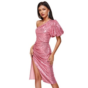Sexy Women Clothing Sequined Puff Sleeve Mid-Length Dress Party Prom One Shoulder Little Dress