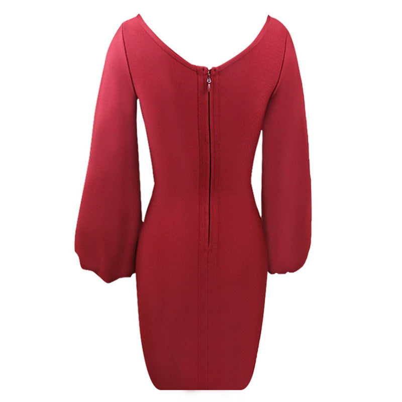 Lantern Sleeve Spring Autumn Dress Elegant Slim Bandage Red Elegant Dress