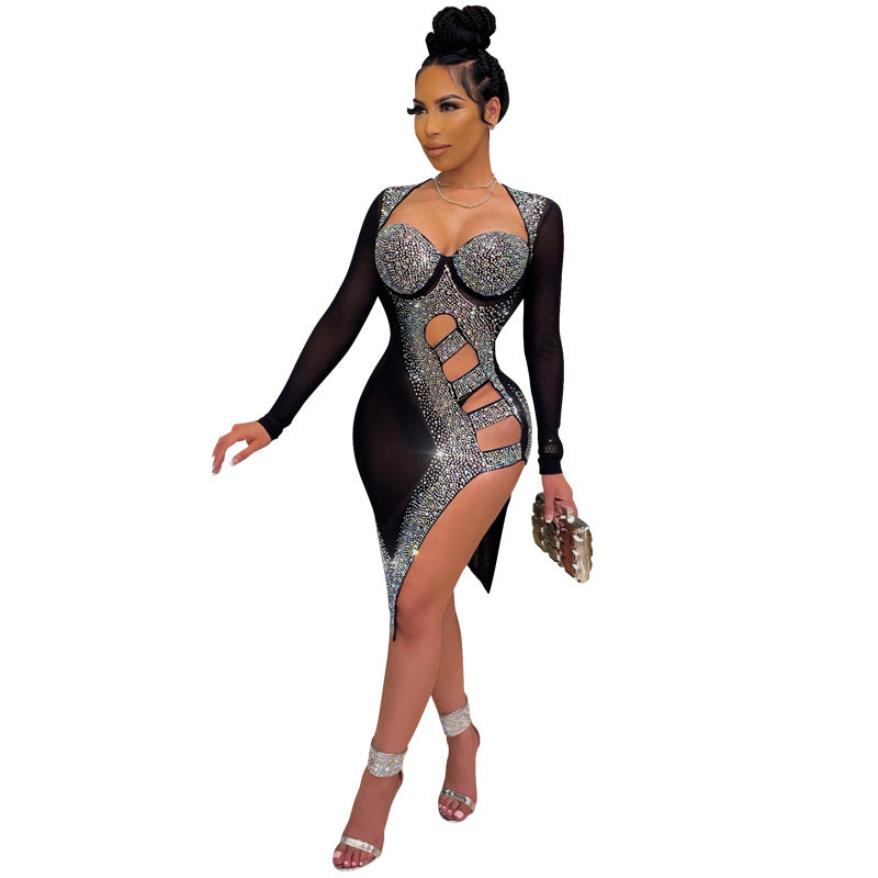 Summer Standalone Night Club Style Sexy Diamond-See-Through Hip Irregular Dress Women M / Black Summer Standalone Night Club Style Sexy Diamond-See-Through Hip Irregular Dress Women M / Black